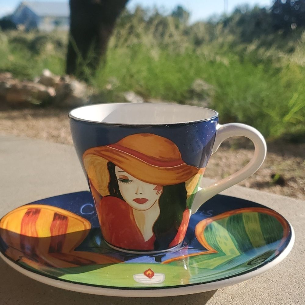 1994 Sango “Cafe Paris” Tea Cup & Saucer – Bold Colors, Parisian Ladies, Vintage